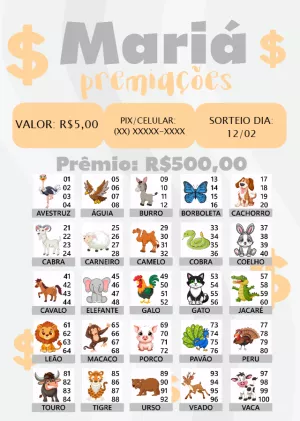 Cartela de Rifa Jogo do Bicho para Editar Online