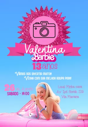 Convite de Aniversário Barbie com Foto para Editar Online