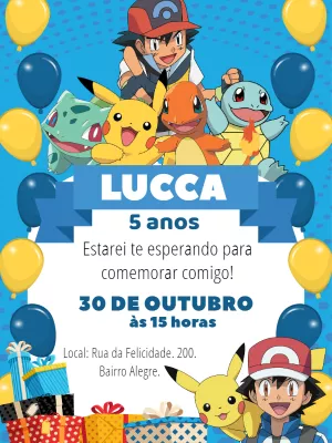 Convite Aniversário Pokémon com Ash e Pikachu para Editar Online