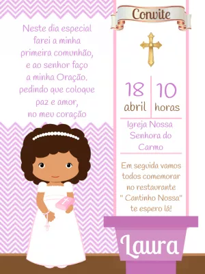 Convite Primeira Comunhão Menina Morena para Editar Online