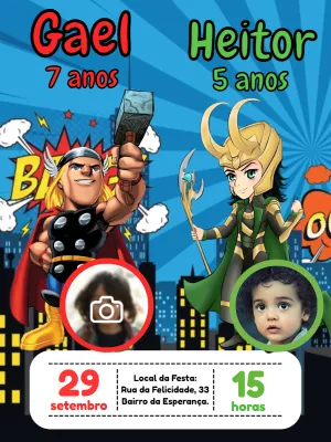 Convite Aniversário Duplo Thor e Loki com Foto para Editar