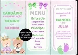 Menu Tríptico Chá Revelação Ursinhos para Editar Online