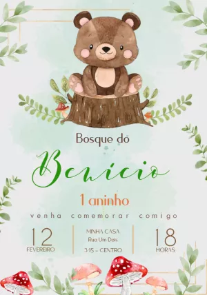 Convite Aniversário Bosque com Ursinho Fofo para Editar Online