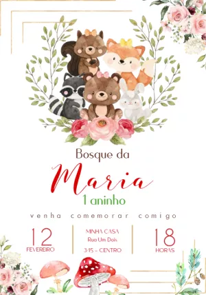 Convite de Aniversário Bosque Encantado com Animais para Editar