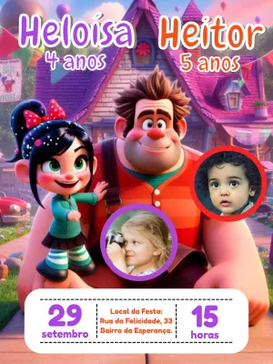 Convite Aniversário Duplo Detona Ralph com Foto para Editar