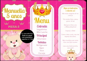 Menu de Mesa Aniversário Ursinha Princesa para Editar Online