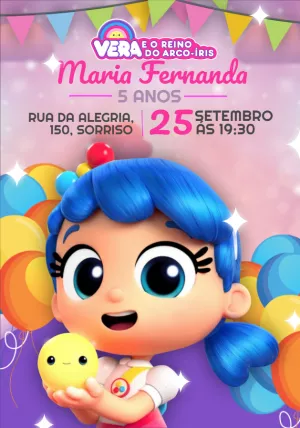 Convite Aniversário Vera e o Reino do Arco-Íris Festa Colorida para Editar