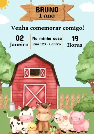 Convite Aniversário Fazendinha com Animais para Editar Online