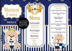 Cardápio Festa Ursinho Príncipe Realeza para Editar Online