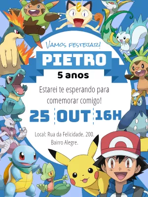 Convite de Aniversário Pokémon com Personagens para Editar