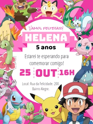 Convite Aniversário Pokémon Rosa para Menina Editável Online