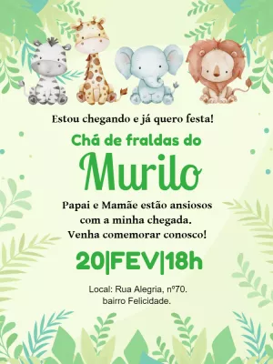 Convite Chá de Fraldas Safari com Animais para Editar Online