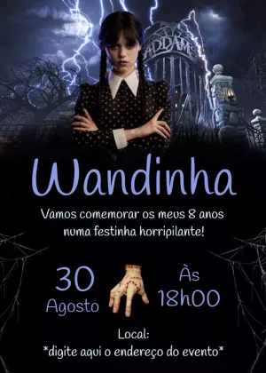 Convite de Aniversário Wandinha Addams para Editar e Imprimir