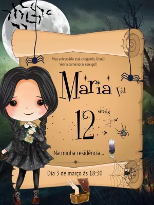 Convite de Aniversário Wandinha para Editar e Imprimir