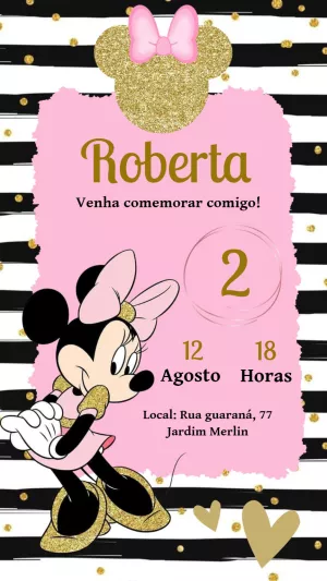 Convite Aniversário Minnie Rosa e Dourado para Editar Online