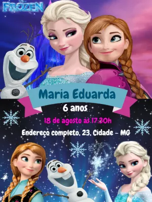 Convite de Aniversário Frozen com Elsa e Anna para Editar Online