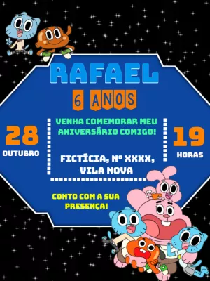 Convite de Aniversário Gumball com Personagens para Editar