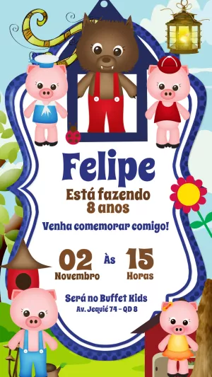 Convite Aniversário Três Porquinhos e Lobo Mau para Editar