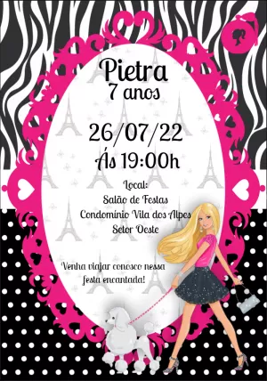 Convite Aniversário Barbie Paris Editável Online