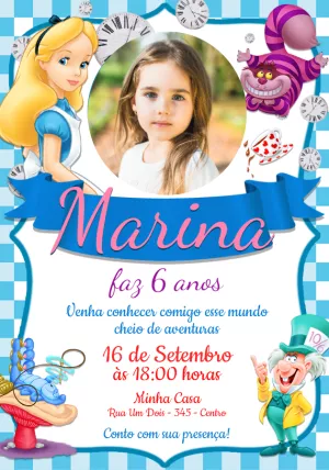 Convite Alice no País das Maravilhas com Foto para Editar Online
