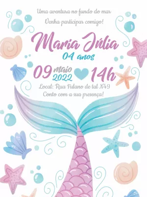 Convite de Aniversário Sereia Fundo do Mar para Editar Online