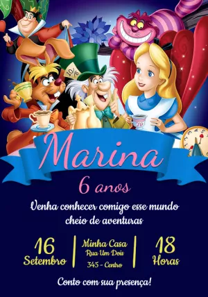 Convite Aniversário Alice no País das Maravilhas para Editar