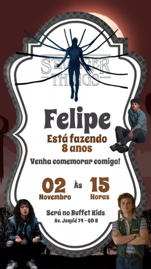 Convite Aniversário Stranger Things com Personagens para Editar