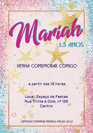 Convite de Aniversário Glitter e Estrelas Douradas para Editar