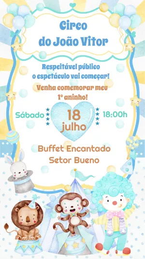Convite Aniversário Circo Aquarela Menino para Editar Online