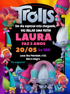 Convite Aniversário Trolls com Personagens para Editar Online
