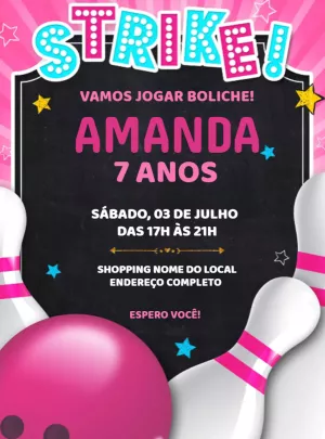 Convite Aniversário Boliche Rosa para Editar Online