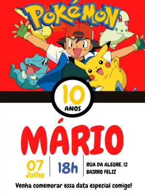 Convite de Aniversário Pokémon com Ash para Editar Online