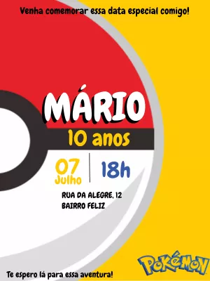 Convite de Aniversário Pokémon para Editar Online