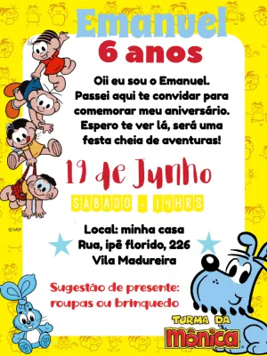 Invitation d'anniversaire Turma da Mônica – Statique – ig: @illustragio