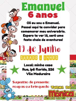 Invitation d'anniversaire Turma da Mônica – Statique – ig: @illustragio