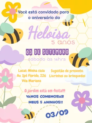 Convite Aniversário Jardim Abelhinhas para Editar Online