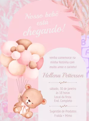 Convite Chá de Bebê Ursinha com Balões para Editar Online