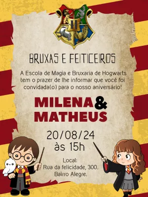 Convite Aniversário Duplo Harry Potter e Hermione para Editar