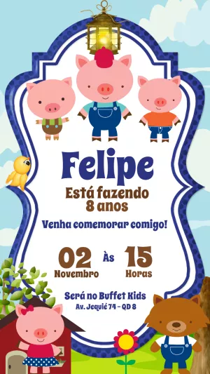 Convite de Aniversário Três Porquinhos para Editar Online