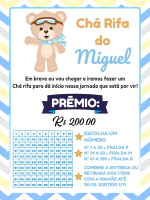 Convite Chá Rifa Ursinho Aviador para Editar Online