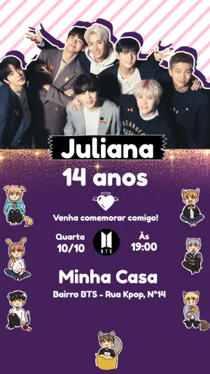 Convite Aniversário Kpop BTS com Foto para Editar Online