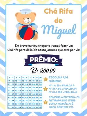 Convite Chá Rifa Ursinho Marinheiro Editável Online
