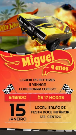 Convite de Aniversário Hot Wheels com Carros para Editar Online