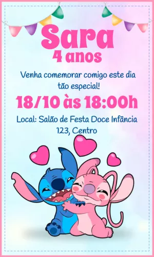 Convite Aniversário Stitch e Angel para Editar Online