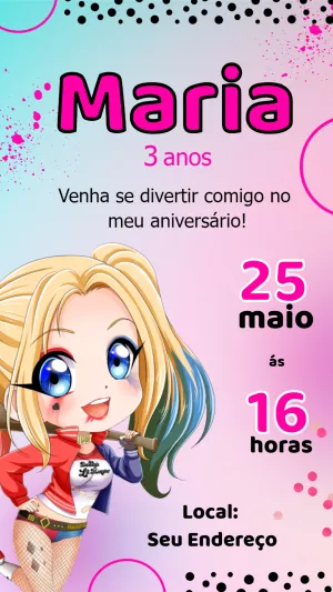 Convite de Aniversário Arlequina para Editar Online