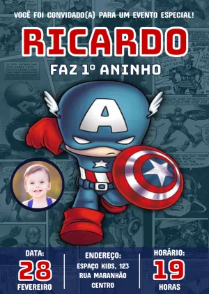 Convite Aniversário Capitão América com Foto para Editar Online