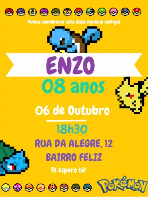 Convite Aniversário Pokémon Pixel Art para Editar Online