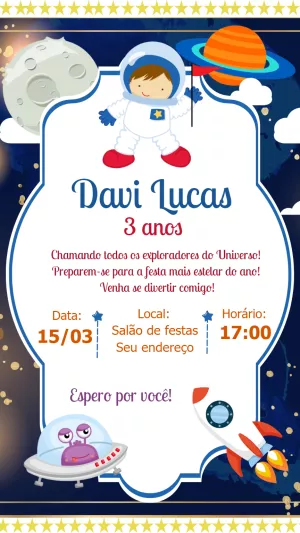 Convite de Aniversário Astronauta Infantil para Editar Online