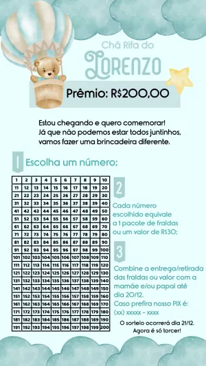 Chá Rifa Ursinho Baloeiro Editável para Enviar Online