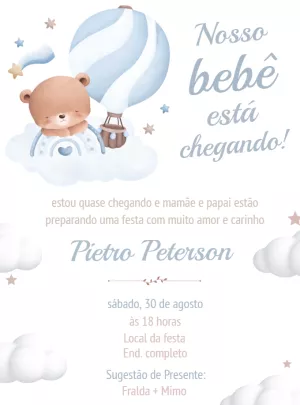 Convite Chá de Bebê Ursinho Baloeiro para Editar Online